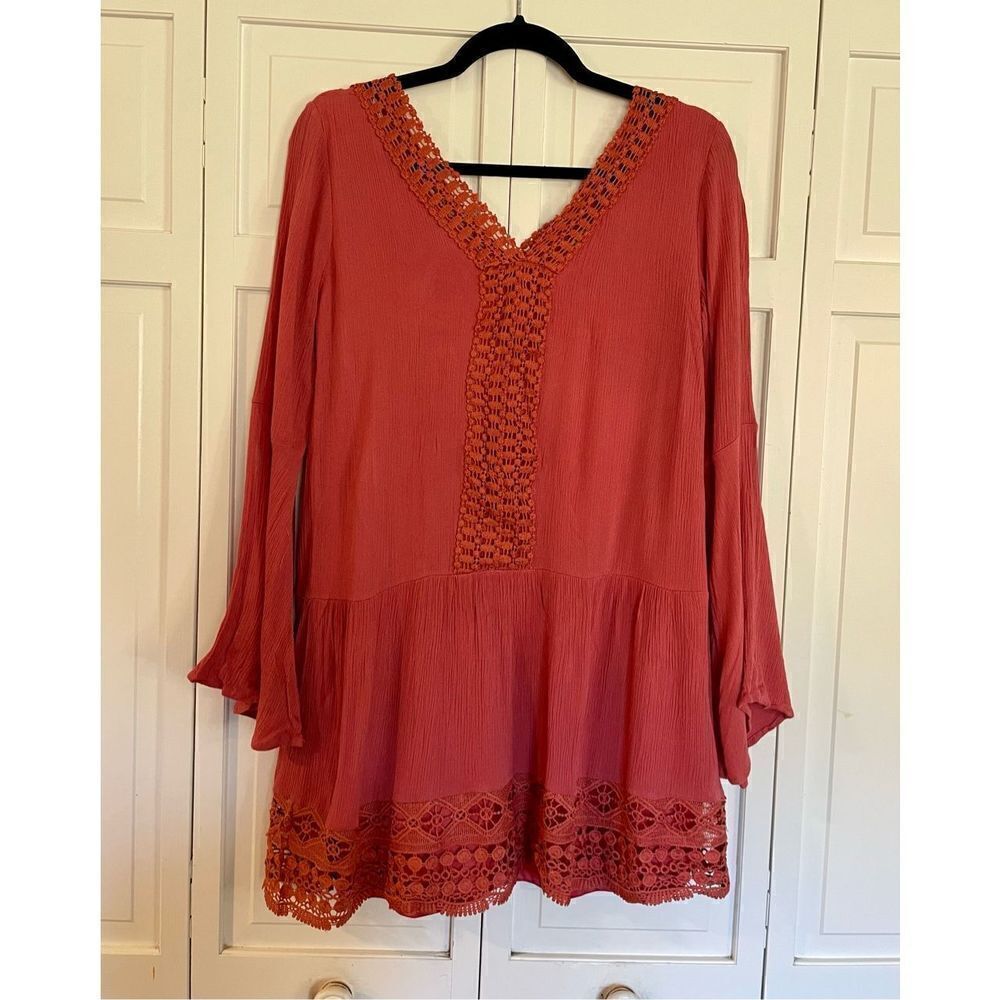 Altar’d state orange coral crochet trim bell sleeve dress m